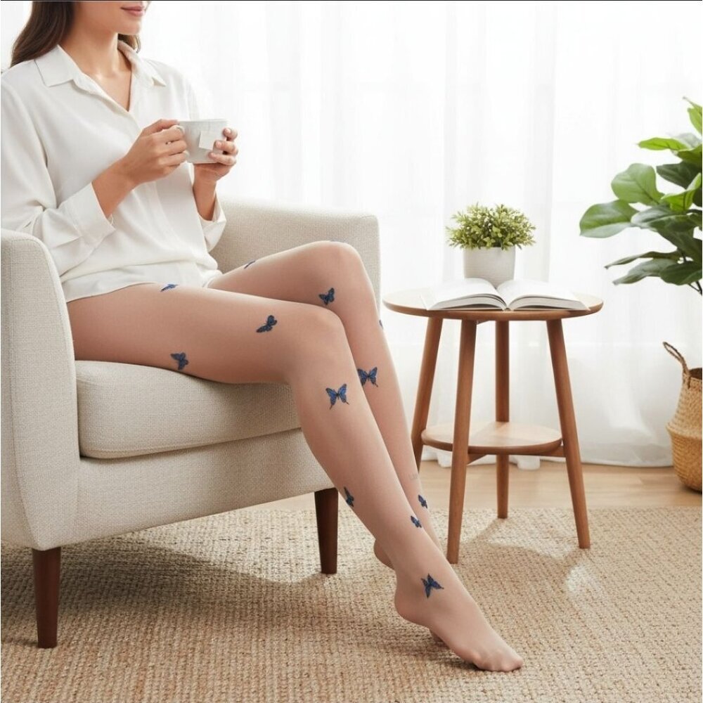 Sheer Tights ✦ Beige Blue Butterfly Print ✦ Lightweight Festival Layering OS NWT